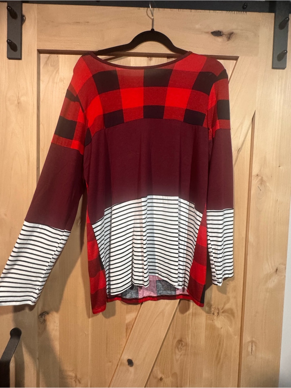 Zenana Red Plaid & Stripe Mixed-Print Long Sleeve Top